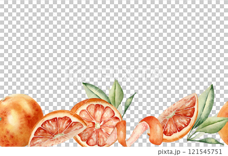 Red oranges whole and half, orange citrus spiral and leaves watercolor seamless border isolated on white. Summer juicy fruits on repeated texture hand drawn with segments grapefruits and swirl peel. 121545751