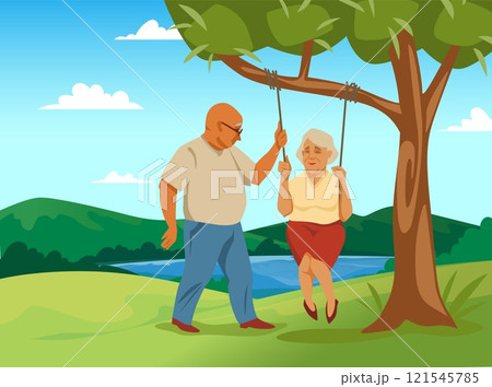 Nature landscape. Elderly couple walking together in natural park. Grandmother on swing. Grandparents leisure. senior man and woman meeting. Retired family love. Vector illustration 121545785