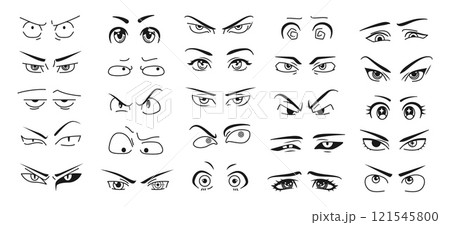 Anime eye. Manga face. Male cartoon character. Emotion expression. Japan boy. Woman winking. Man anger. Female beauty. Girl eyebrow. Asian facial shapes. Vector kawaii comic elements set 121545800