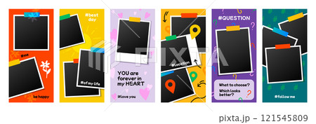 Photo template. Social media insta frame, fashion day flyer or photography concept. Love sticker in phone. Empty space for image. Abstract colorful background. Picture border. Vector mockup Photo template. Social media insta frame, fashion day flyer or photography concept. Love sticker in phone. Empty space for image. Abstract colorful background. Picture border. Vector mockup 121545809