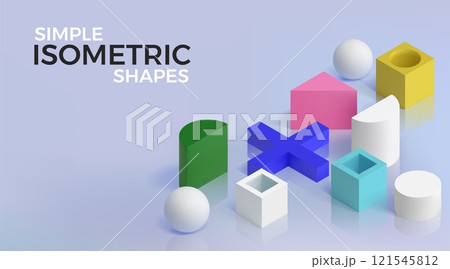 3D isometric shapes. Geometric background. Technology block cube. Abstract gradient platform. Plastic figures. Color sphere and cylinder. Glossy surface reflection. Vector poster design 121545812