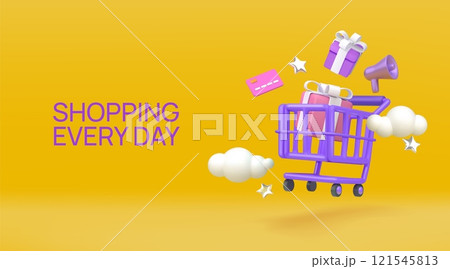 Shop delivery. 3d store render, market discount element for buy or sale, food retail box. Package concept. Shopping trolley, credit card and gift. Advertising banner design. Vector icons Shop delivery. 3d store render, market discount element for buy or sale, food retail box. Package concept. Shopping trolley, credit card and gift. Advertising banner design. Vector icons 121545813