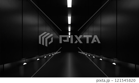 Black background. 3D dark room. Abstract garage or museum space interior. Showroom with perspective light. Podium glossy floor. Electric lamp. Perspective view. Vector render nightclub hall 121545820