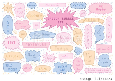 Text box. Dialog balloon frame, hand drawn talk or speech cloud. Cute comic line, think message arrow. Contemporary stationery elements for girls. Hand drawn phrases, abstract vector cartoon set 121545823