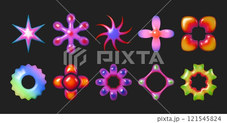 3d Y2K elements. Neon flower shape, abstract gradient heart and shape hologram, iridescent design. Colorful render isolated objects design. Plasticine holographic blossom. Vector simple set 3d Y2K elements. Neon flower shape, abstract gradient heart and shape hologram, iridescent design. Colorful render isolated objects design. Plasticine holographic blossom. Vector simple set 121545824