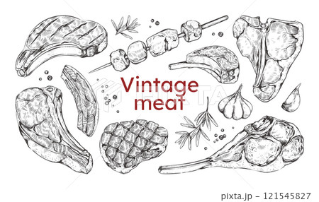 Vintage meat. Beef steak sketch, hand drawn pork chop and grill rib or fresh lamb farm food. Raw butchery bacon with spice pepper. Isolated menu. Butcher shop, kitchen delicacy. Vector set Vintage meat. Beef steak sketch, hand drawn pork chop and grill rib or fresh lamb farm food. Raw butchery bacon with spice pepper. Isolated menu. Butcher shop, kitchen delicacy. Vector set 121545827