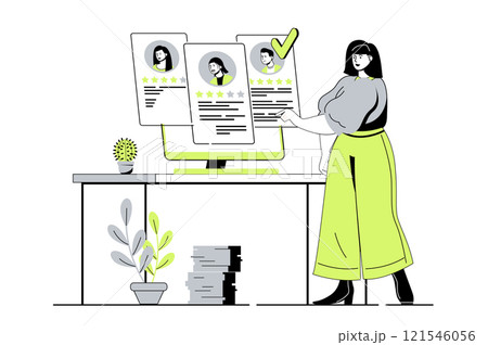 Recruitment agency web concept with flat cartoon people for website design. HR manager looking best resume for open vacancy, choosing candidates for job interview, hiring worker. Vector illustration. Recruitment agency web concept with flat cartoon people for website design. HR manager looking best resume for open vacancy, choosing candidates for job interview, hiring worker. Vector illustration. 121546056