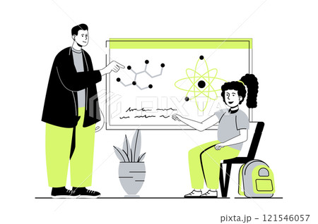 School learning web concept with flat cartoon people for website design. Teenage girl studying in classroom lesson, teacher explaining molecular formulas near class blackboard. Vector illustration. School learning web concept with flat cartoon people for website design. Teenage girl studying in classroom lesson, teacher explaining molecular formulas near class blackboard. Vector illustration. 121546057