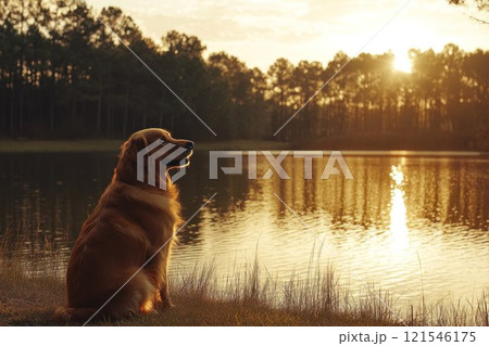 Golden retriever sitting by a tranquil lake at sunset with a serene forest backdrop, radiating peace and beauty 121546175
