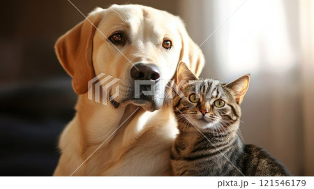 Golden retriever and tabby cat sitting closely together, showcasing friendship and warmth in a cozy indoor setting 121546179