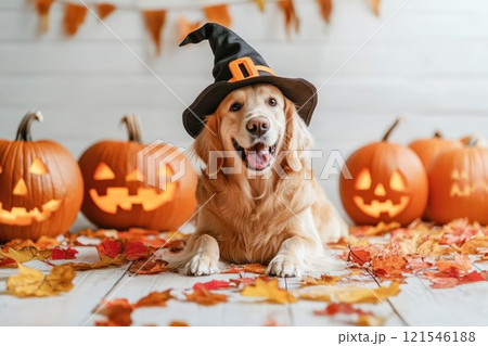 Golden retriever dressed as a witch with a hat, surrounded by jack-o'-lanterns and autumn leaves, celebrating Halloween 121546188