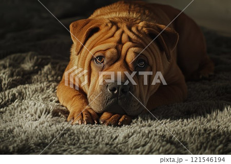 Shar Pei dog resting on a soft gray blanket, showcasing its wrinkled face and soulful eyes in warm lighting Shar Pei dog resting on a soft gray blanket, showcasing its wrinkled face and soulful eyes in warm lighting 121546194
