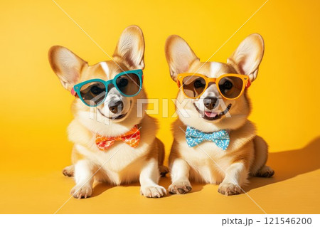 Two stylish corgis wearing colorful sunglasses and bow ties, posing together against a bright yellow background 121546200