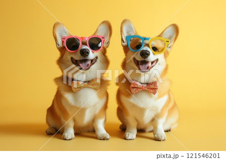 Two stylish corgis wearing colorful sunglasses and bow ties, posing together against a bright yellow background 121546201