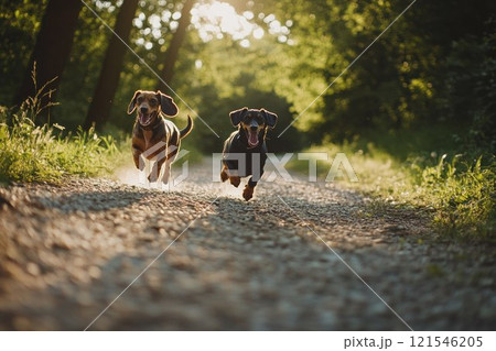 Two dachshunds running joyfully on a forest path, surrounded by sunlight and greenery, radiating energy and happiness 121546205
