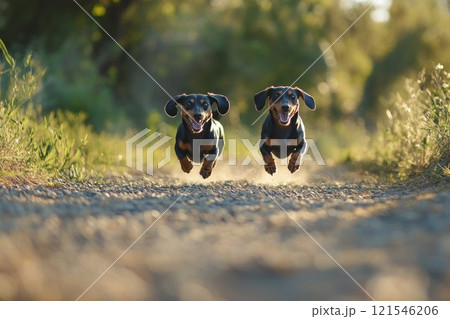 Two dachshunds running joyfully on a forest path, surrounded by sunlight and greenery, radiating energy and happiness 121546206