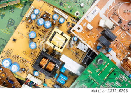 Pile of Circuit Boards and Electronic Components for Recycling 121546268