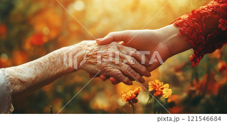 Older female and young woman holding hands Older female and young woman holding hands 121546684