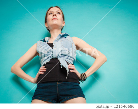 Summer fashion girl in jeans shirt shorts on blue Summer fashion girl in jeans shirt shorts on blue 121546686