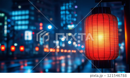 Red lanterns illuminate night street in urban cityscape with bokeh background. Chinese Lantern Festival 121546788