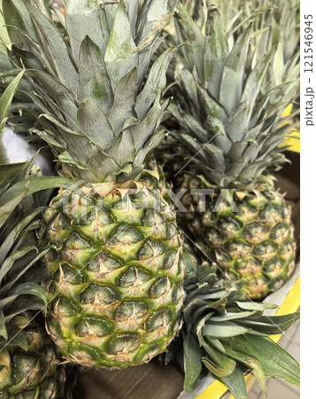 Fresh pineapples displayed at a lively outdoor marketplace in daytime sunlight Fresh pineapples displayed at a lively outdoor marketplace in daytime sunlight 121546945