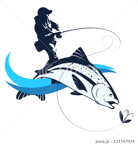 Fisherman with fishing rod catching fish design 121547074