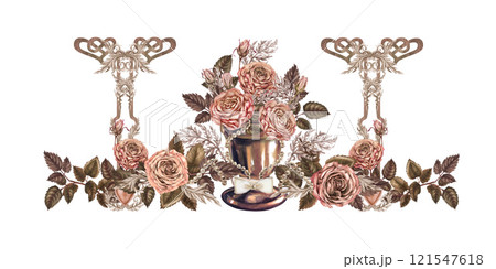 Horizontal composition with botanical roses, vignettes, heart symbol, in a pink-brown palette. Vintage watercolor clipart for frame, border for wedding, Valentine's Day, women's card, scrapbook 121547618
