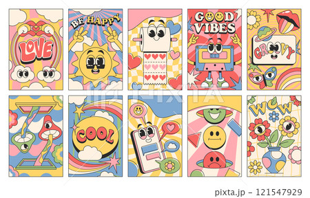 Retro groovy banners with funky comic characters, cute peaceful lettering and graphic decoration Retro groovy banners with funky comic characters, cute peaceful lettering and graphic decoration 121547929