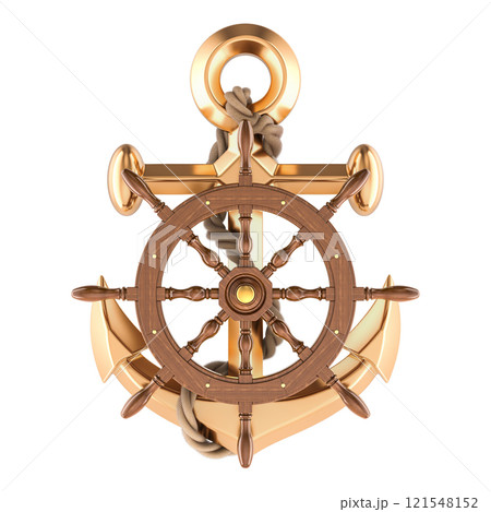 Anchor with Steering wheel ship, 3D rendering Anchor with Steering wheel ship, 3D rendering 121548152