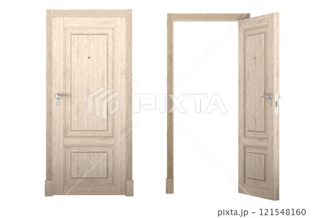 Open and closed wooden doors with doorframe. 3D rendering Open and closed wooden doors with doorframe. 3D rendering 121548160