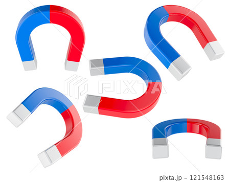 Set of Horseshoe Magnets, different views and angles. 3D rendering 121548163