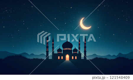 Ramadan Kareem Greeting with Mosque in Moonlit Night Ramadan Kareem Greeting with Mosque in Moonlit Night 121548409