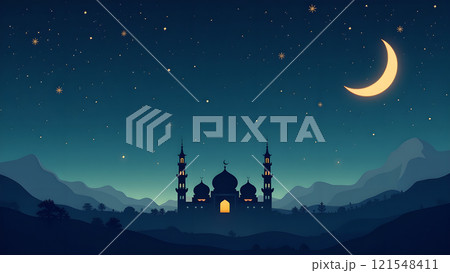 Ramadan Kareem Greeting with Mosque in Moonlit Night 121548411