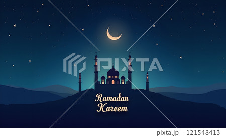 Ramadan Kareem Greeting with Mosque in Moonlit Night 121548413