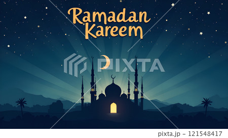 Ramadan Kareem Greeting with Mosque in Moonlit Night 121548417
