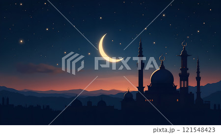 Ramadan Kareem Greeting with Mosque in Moonlit Night Ramadan Kareem Greeting with Mosque in Moonlit Night 121548423