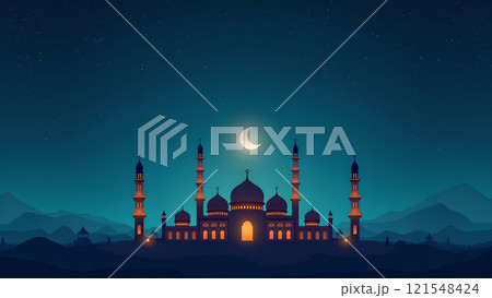 Ramadan Kareem Greeting with Mosque in Moonlit Night 121548424
