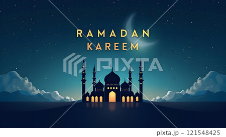 Ramadan Kareem Greeting with Mosque in Moonlit Night Ramadan Kareem Greeting with Mosque in Moonlit Night 121548425