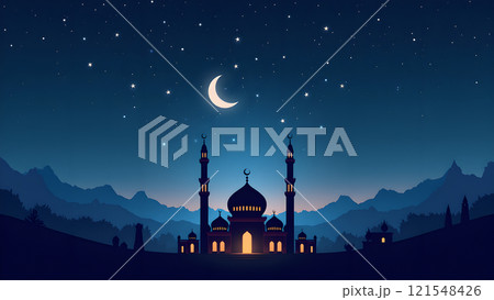 Ramadan Kareem Greeting with Mosque in Moonlit Night Ramadan Kareem Greeting with Mosque in Moonlit Night 121548426
