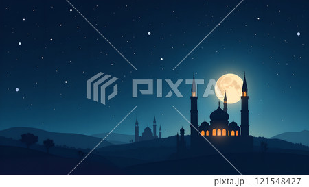 Ramadan Kareem Greeting with Mosque in Moonlit Night 121548427