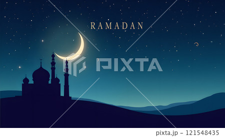 Ramadan Kareem Greeting with Mosque in Moonlit Night Ramadan Kareem Greeting with Mosque in Moonlit Night 121548435