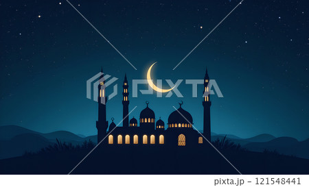 Ramadan Kareem Greeting with Mosque in Moonlit Night 121548441