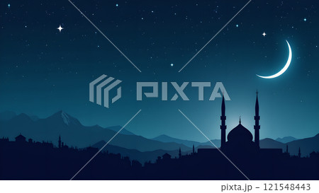 Ramadan Kareem Greeting with Mosque in Moonlit Night 121548443