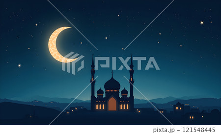 Ramadan Kareem Greeting with Mosque in Moonlit Night 121548445