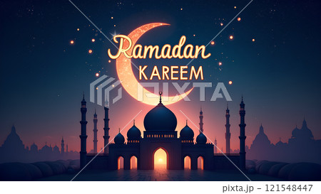Ramadan Kareem Greeting with Mosque in Moonlit Night 121548447