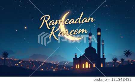 Ramadan Kareem Greeting with Mosque in Moonlit Night 121548455