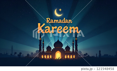 Ramadan Kareem Greeting with Mosque in Moonlit Night 121548458