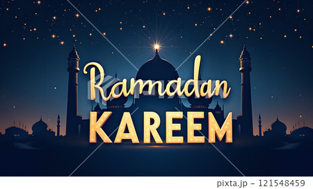Ramadan Kareem Greeting with Mosque in Moonlit Night Ramadan Kareem Greeting with Mosque in Moonlit Night 121548459