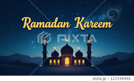 Ramadan Kareem Greeting with Mosque in Moonlit Night 121548468