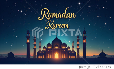 Ramadan Kareem Greeting with Mosque in Moonlit Night 121548475